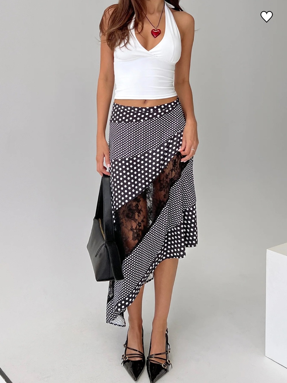 Princess Polly Black & White Polka Dot Asymmetrical Lace Insert Skirt